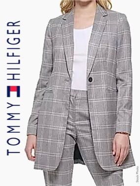 Tommy Hilfiger Windowpane Elbow-Patch Single-Button Jacket Pockets Gray (8)